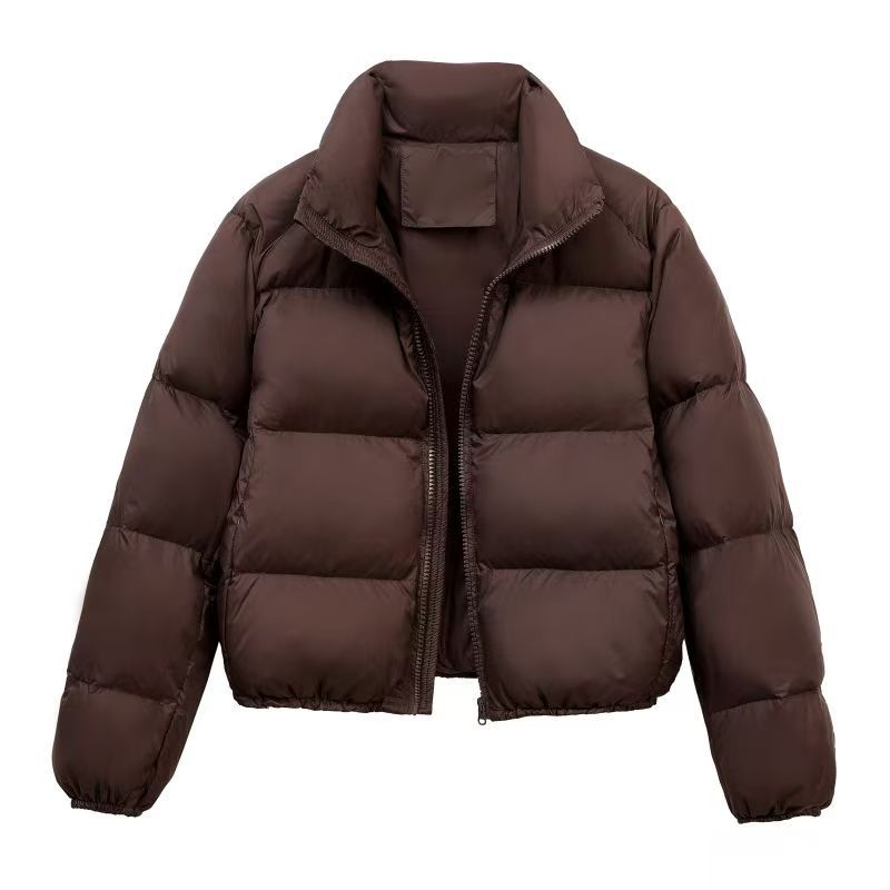 Short women's quilted jacket, padded, stand collar