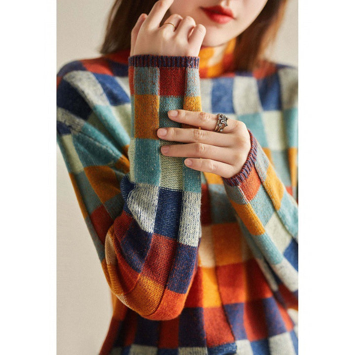 Women's knitted sweater, chessboard pattern, turtleneck