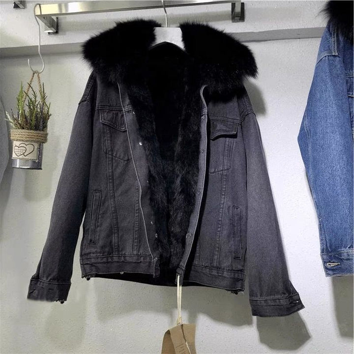 Padded denim jacket for women, short, with faux fur collar