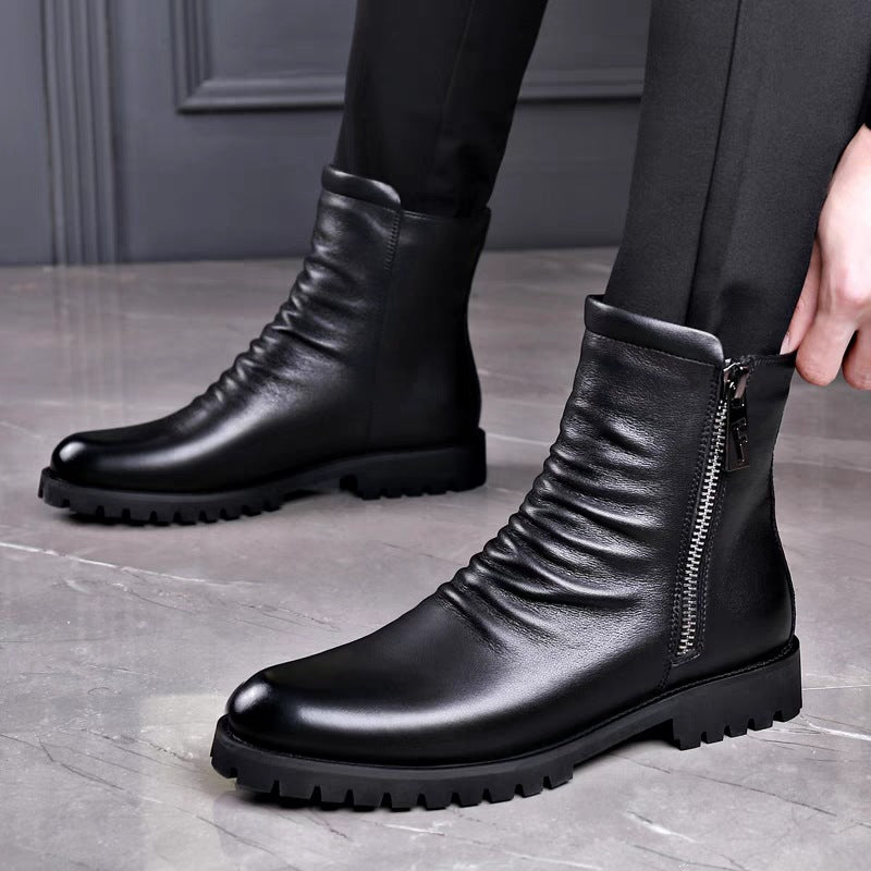 Men's leather boots, British style, with zipper