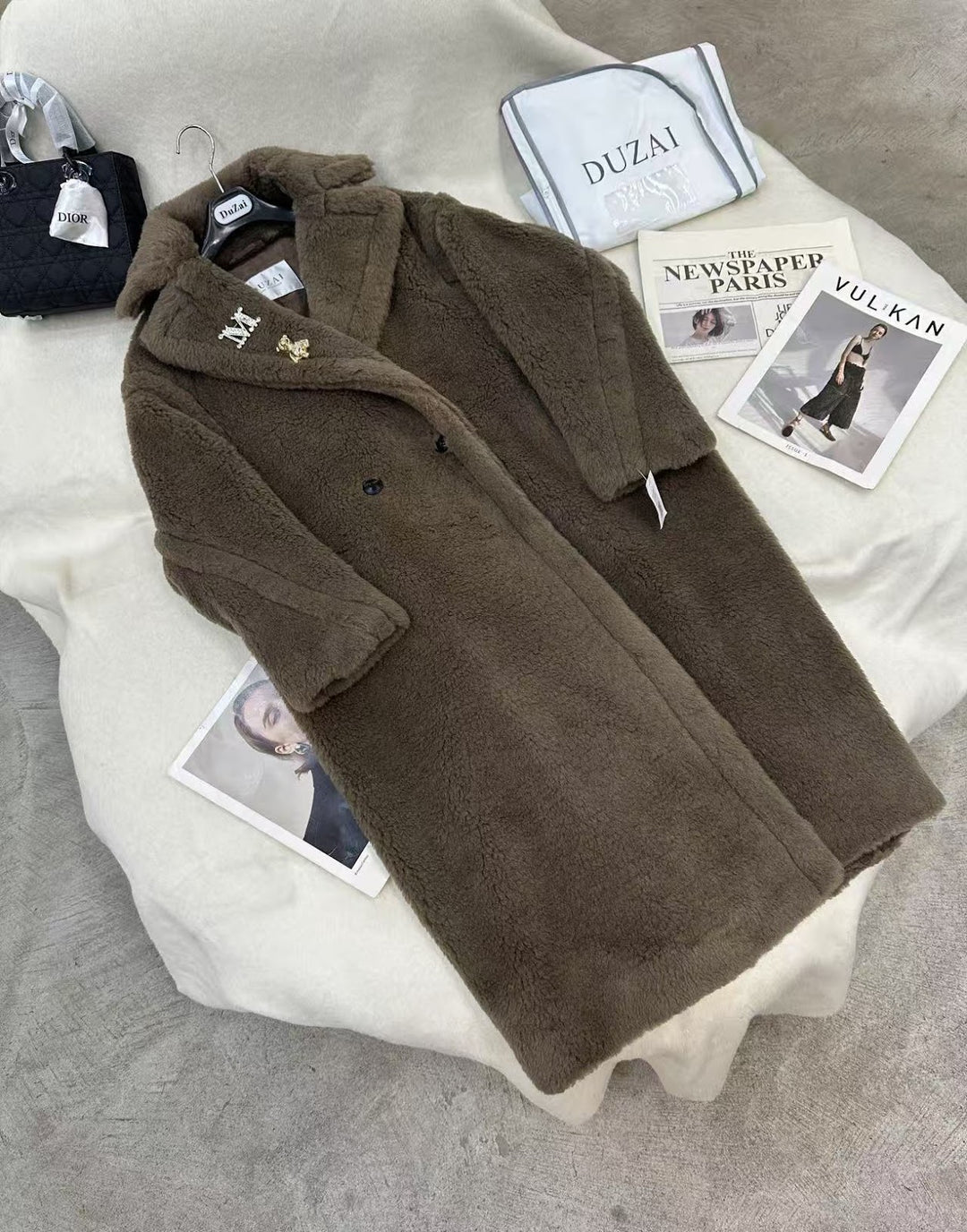 Long teddy coat made of wool and alpaca wool