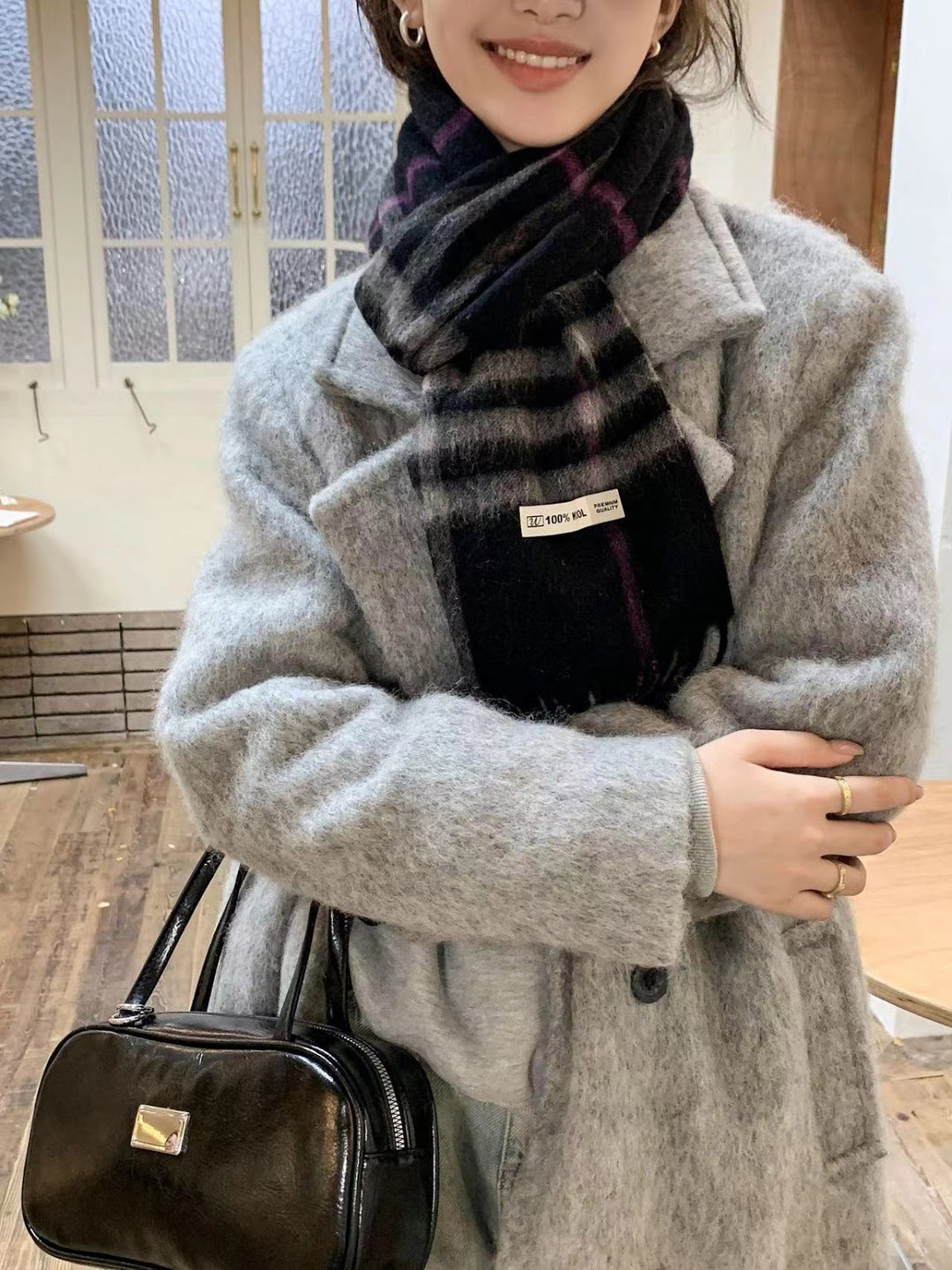 Wool scarf, 100% wool, checked, 30x180 cm