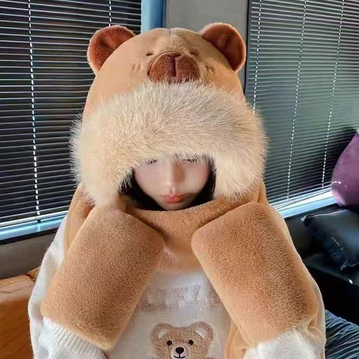 Plush hooded scarf with animal design, lined