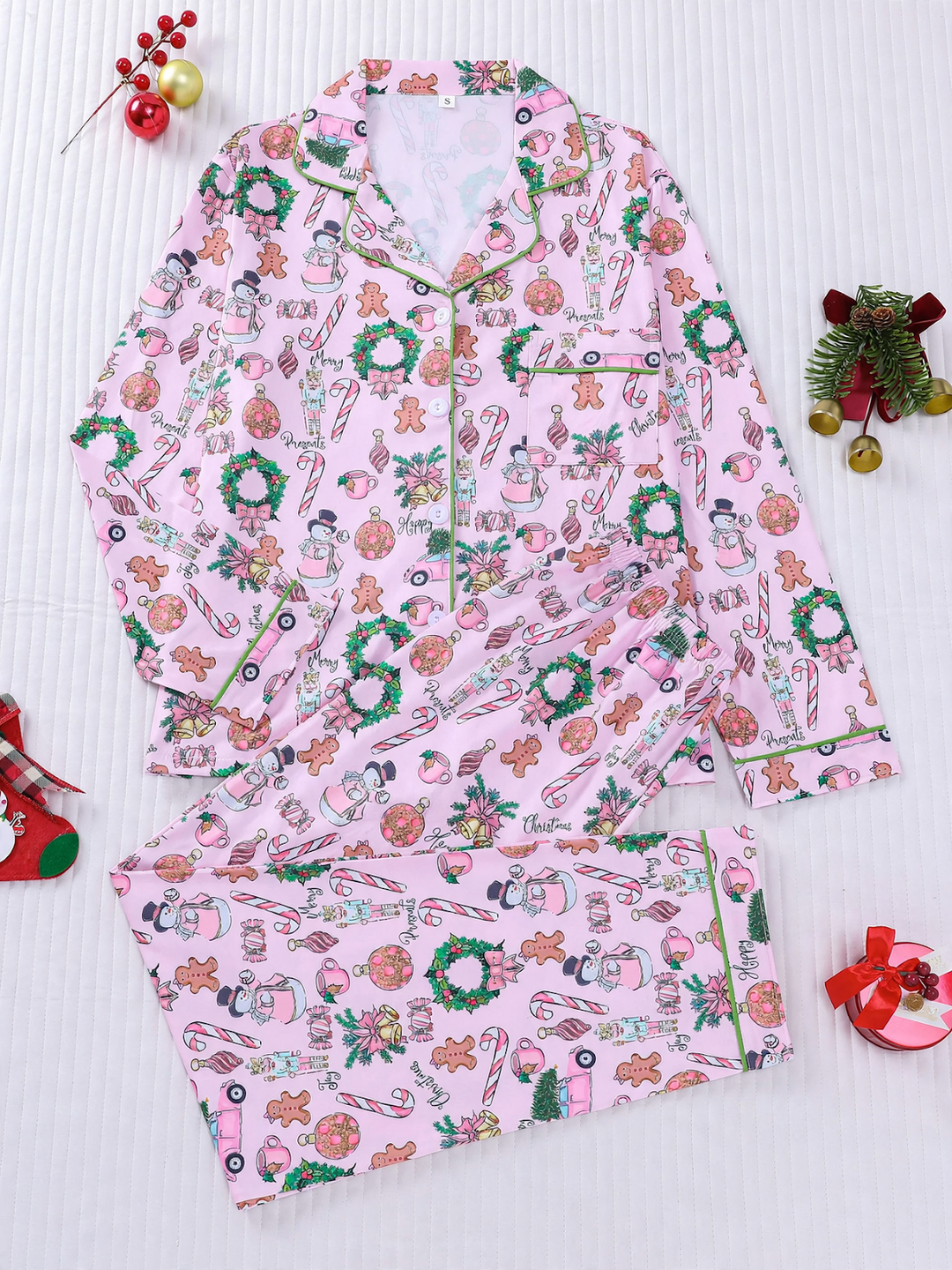 Women's Pajama Set, Long Sleeve, Christmas Motif, Notched Collar