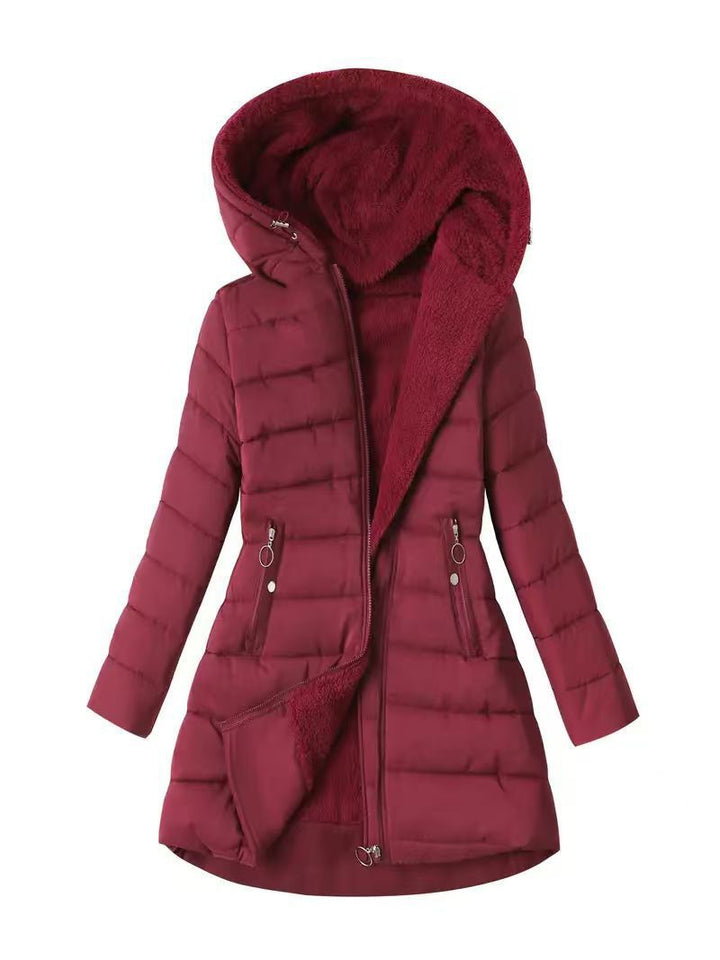 Women's quilted coat, tailored, with hood, medium length