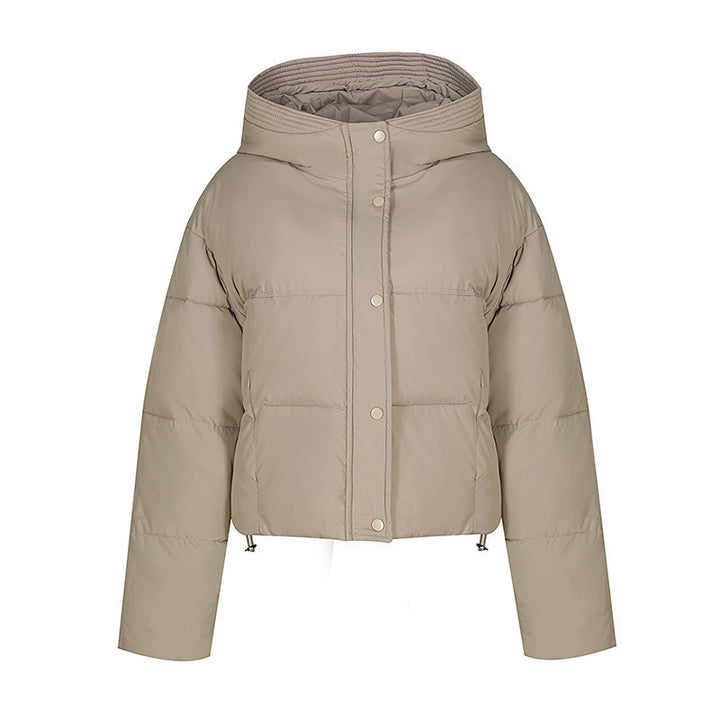 Short quilted jacket for women with stand-up collar and button placket