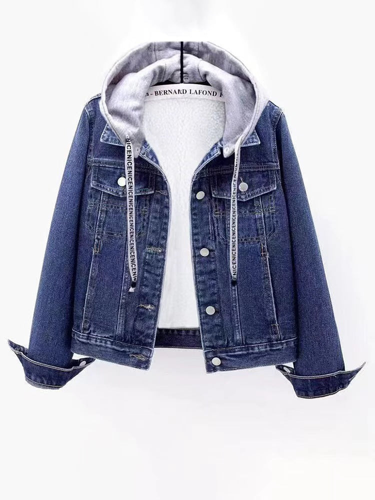 Padded women's jeans jacket with detachable hood