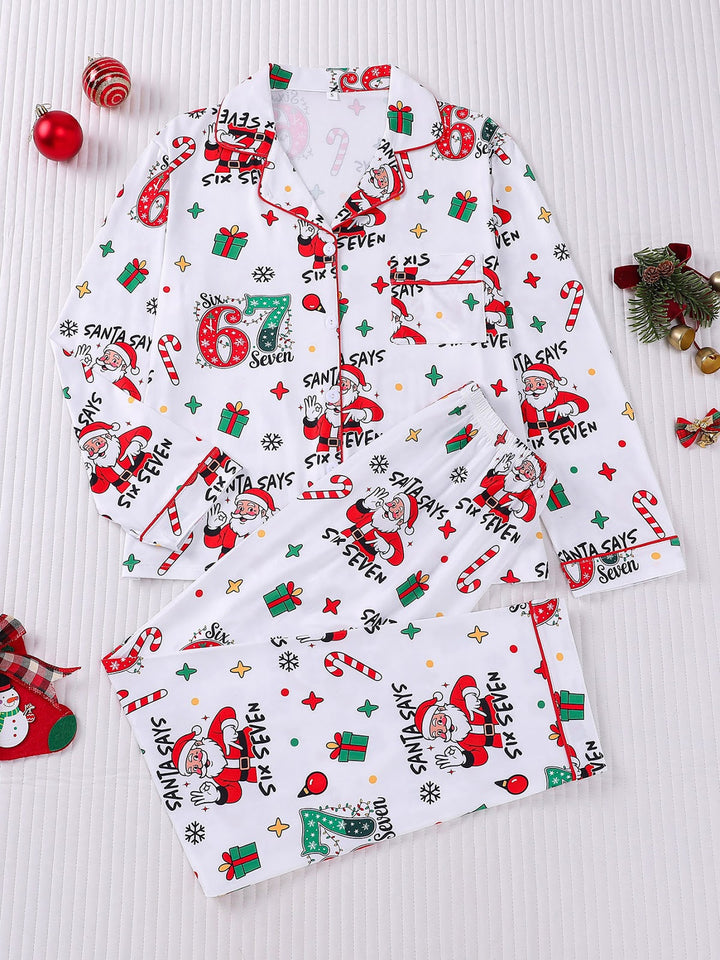 Women's Pajama Set, Long Sleeve, Christmas Motif, Notched Collar