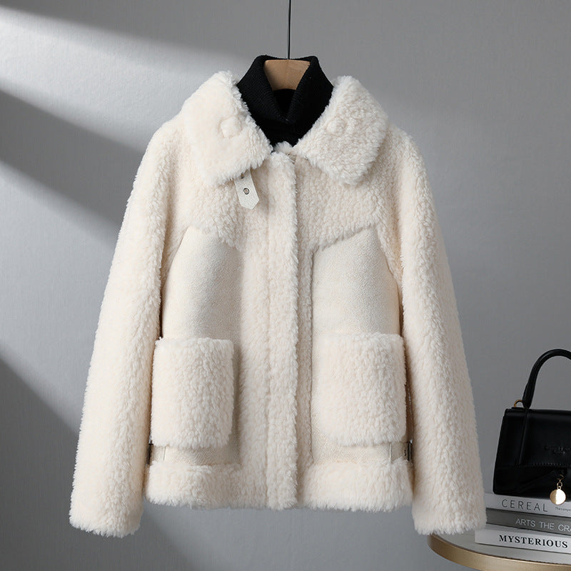 Women's Sheepskin Coat in Biker Style, Lamb Wool