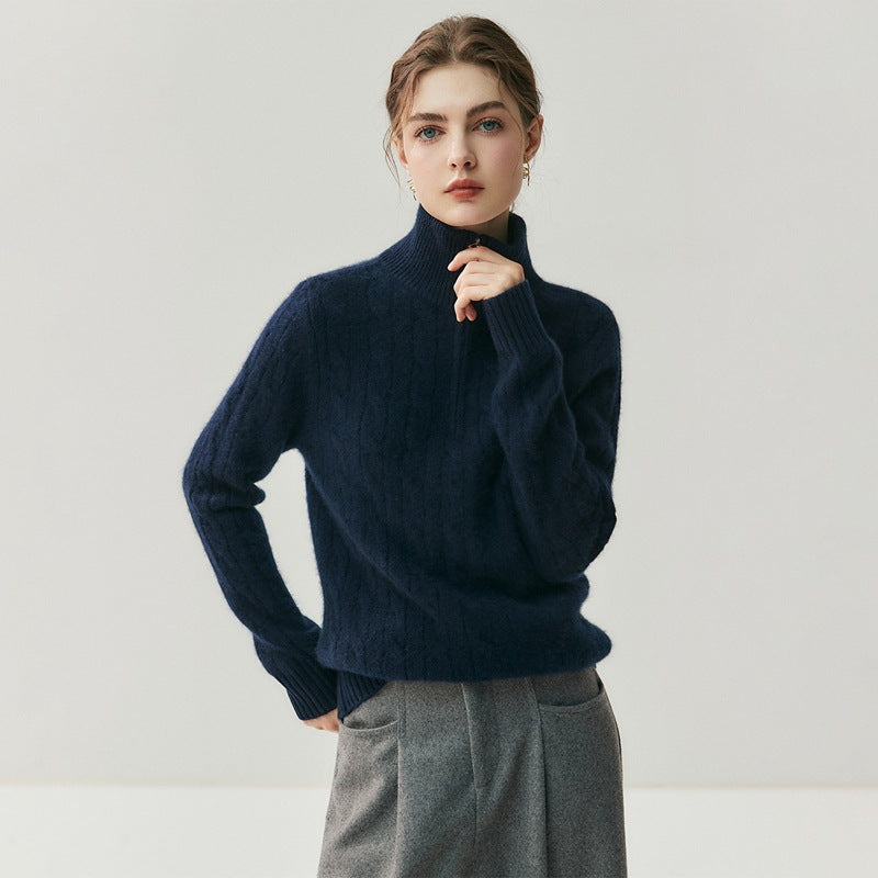 Women's knit sweater with zipper and cable pattern