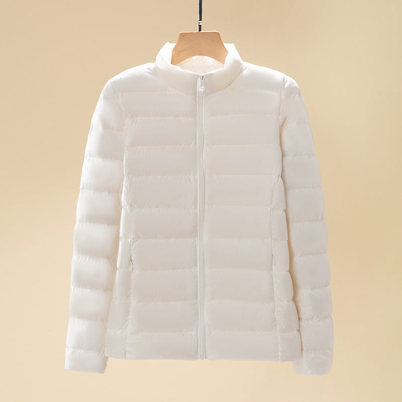 Short women's down jacket with standing collar