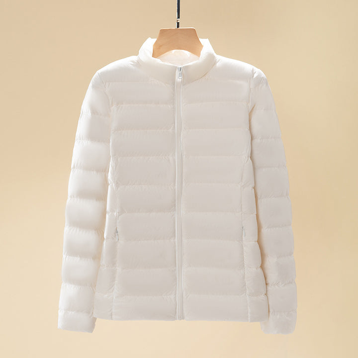Short women's down jacket with standing collar