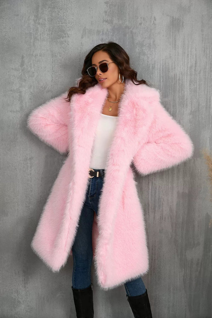 Long Faux Fur Coat with Lapel Collar
