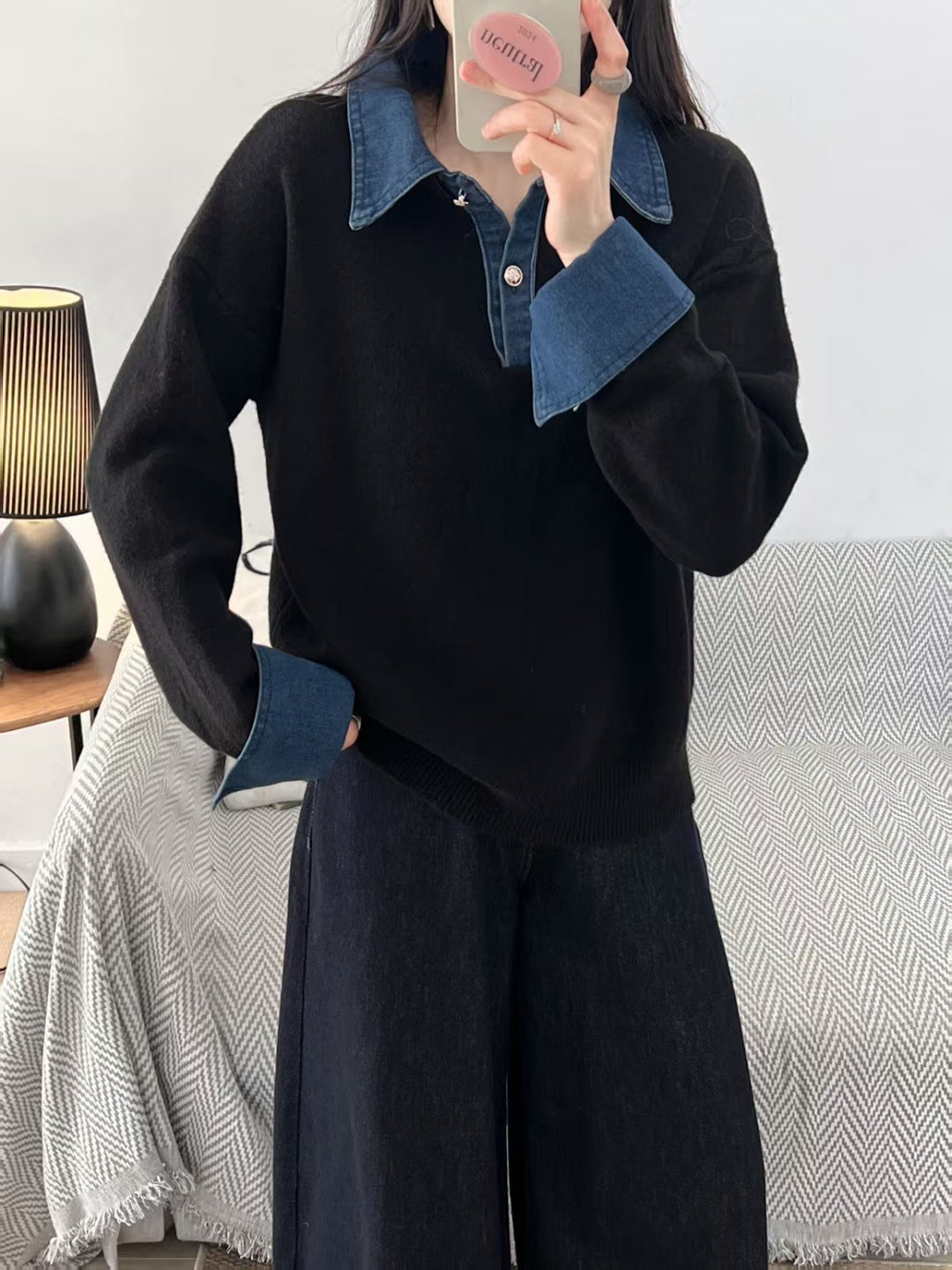 Women's knit sweater with polo collar and denim sleeves