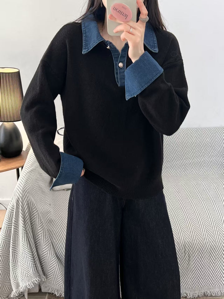 Women's knit sweater with polo collar and denim sleeves