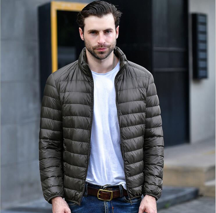 Light men's down jacket, stand-up collar, slim fit