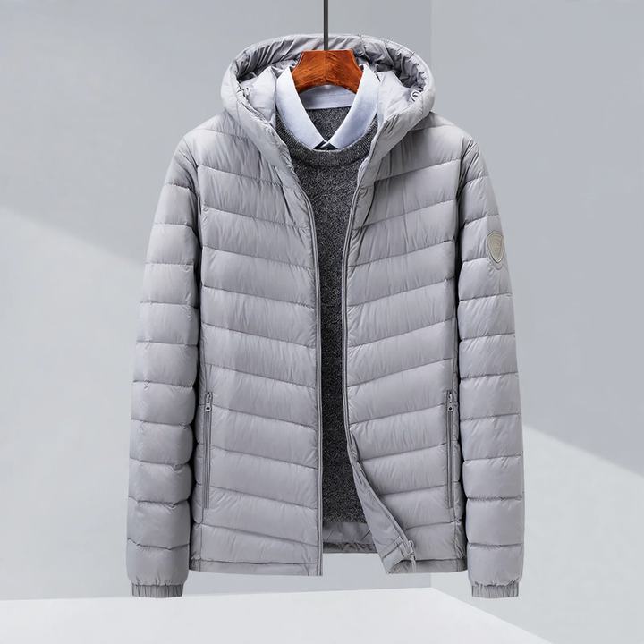 Light men's down jacket, hood or stand-up collar