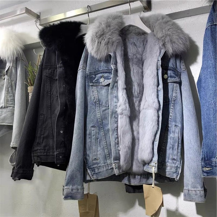 Padded denim jacket for women, short, with faux fur collar