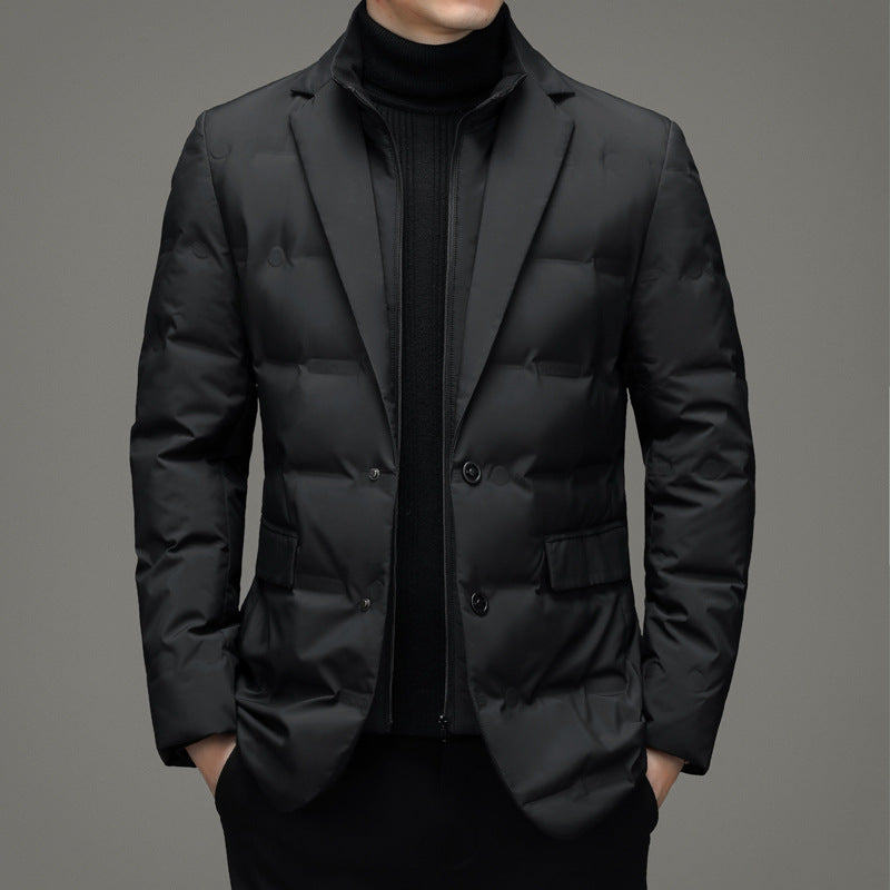 Men's down jacket, blazer style, removable stand collar