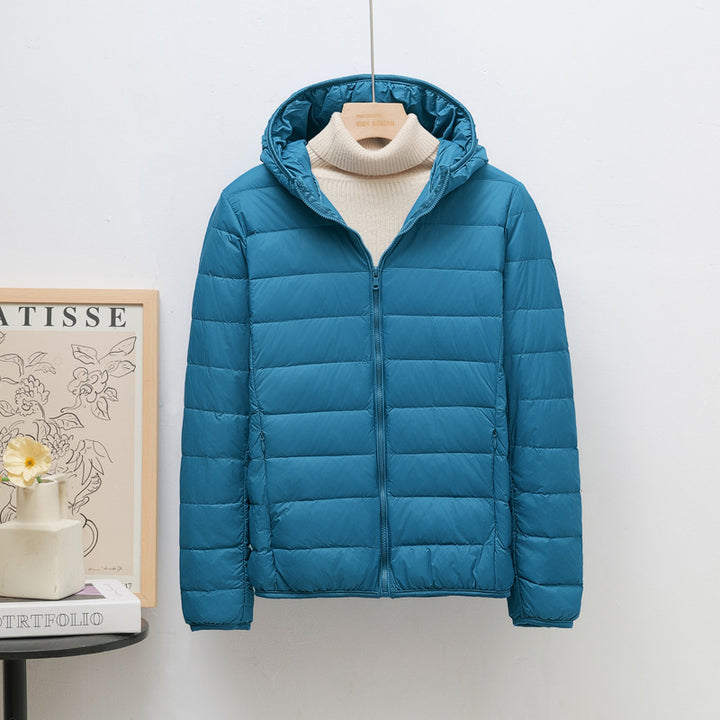 Light women's down jacket, hood, short fit