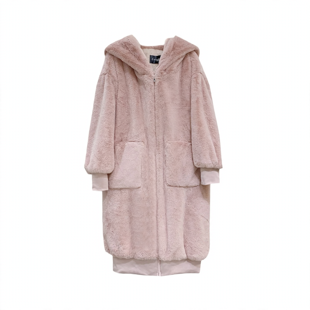 Long women's faux fur coat with hood