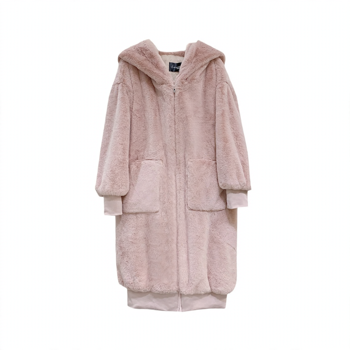 Long women's faux fur coat with hood