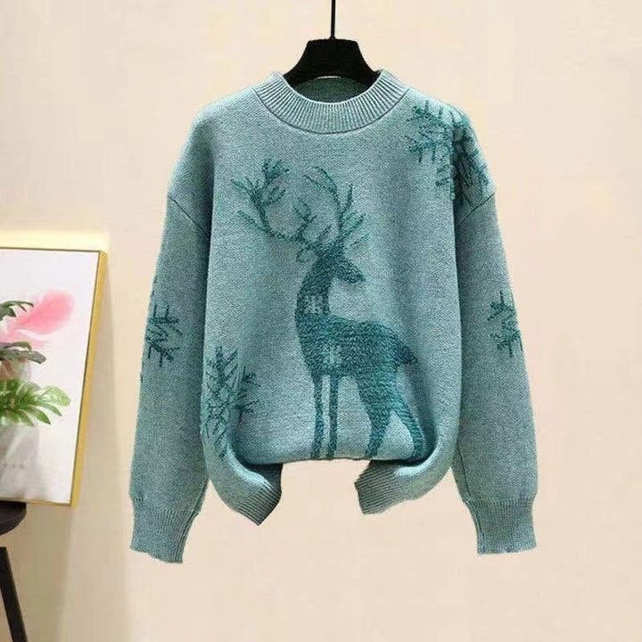 Christmas knitted sweater with reindeer motif, stand-up collar