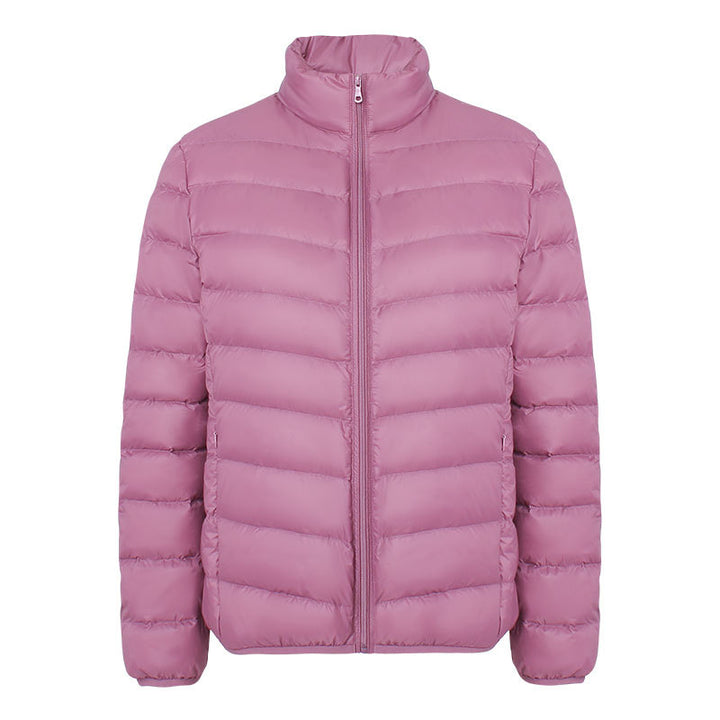 Light women's down jacket with stand-up collar