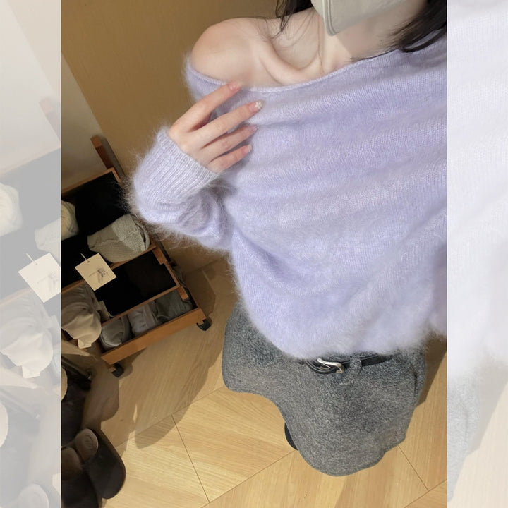 Women’s knit sweater with off-the-shoulder neckline, loose