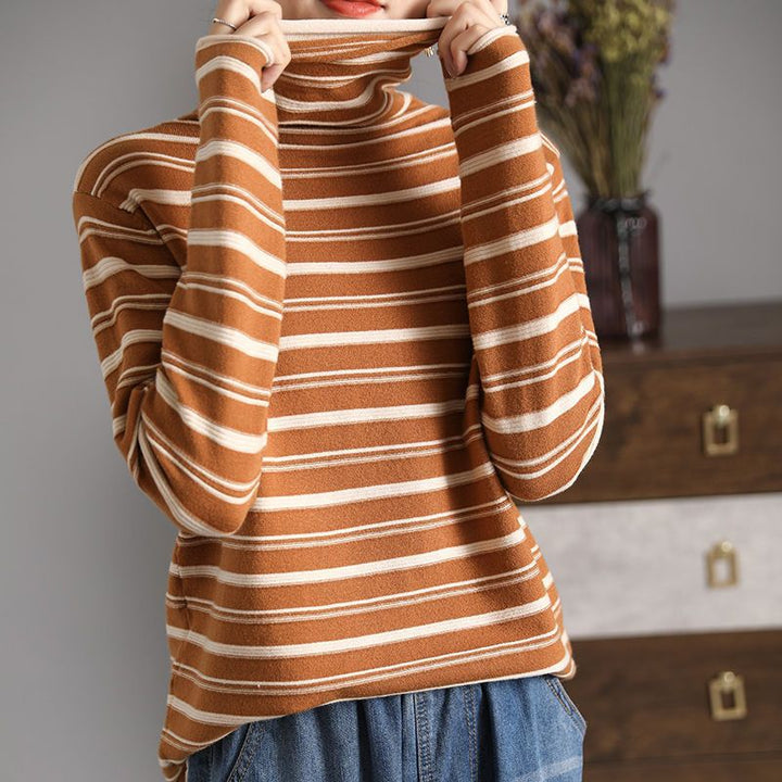 Ladies long sleeve shirt with stand-up collar and striped pattern
