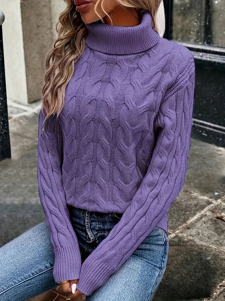 Knit sweater with cable pattern and high collar