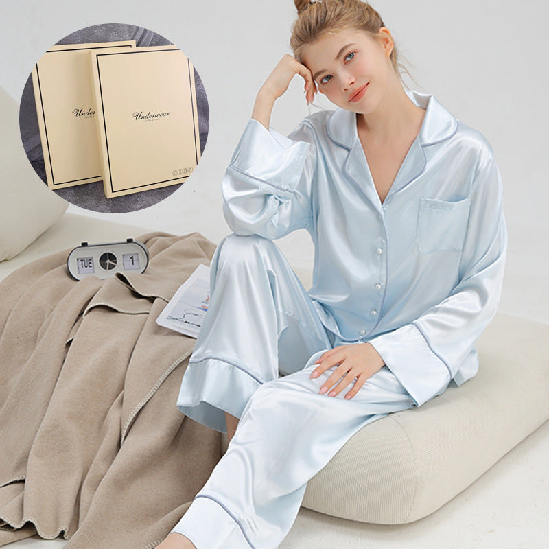 French Women's Pajama Set made of Ice Silk, Long Sleeves
