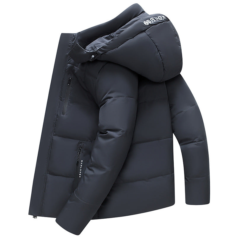 Short men's down jacket with detachable hood