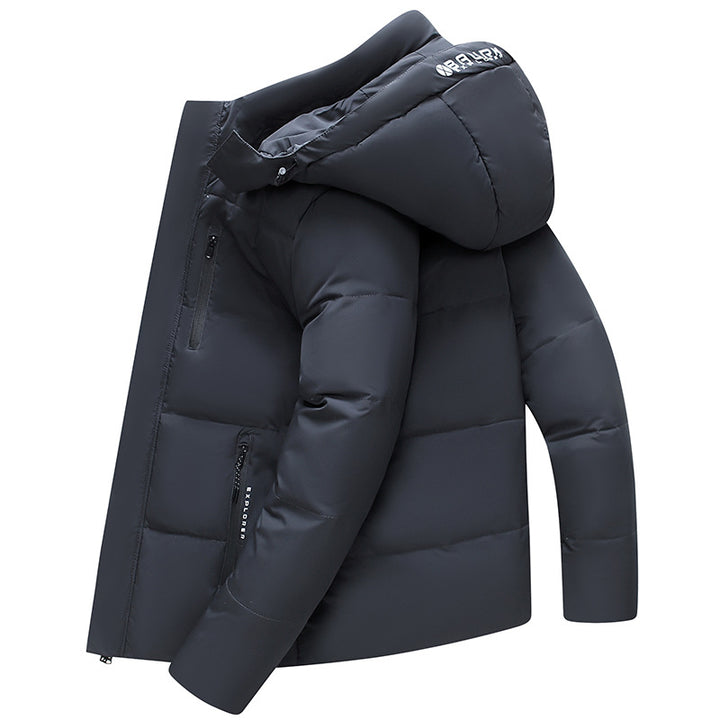Short men's down jacket with detachable hood
