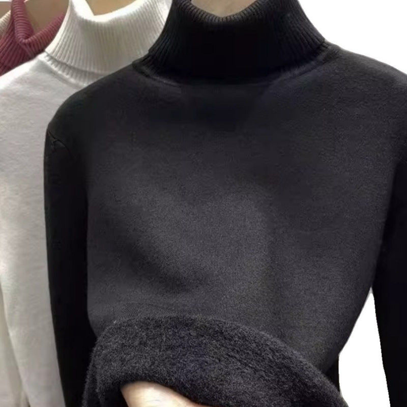 Women's knitted pullover with inner fleece, high collar