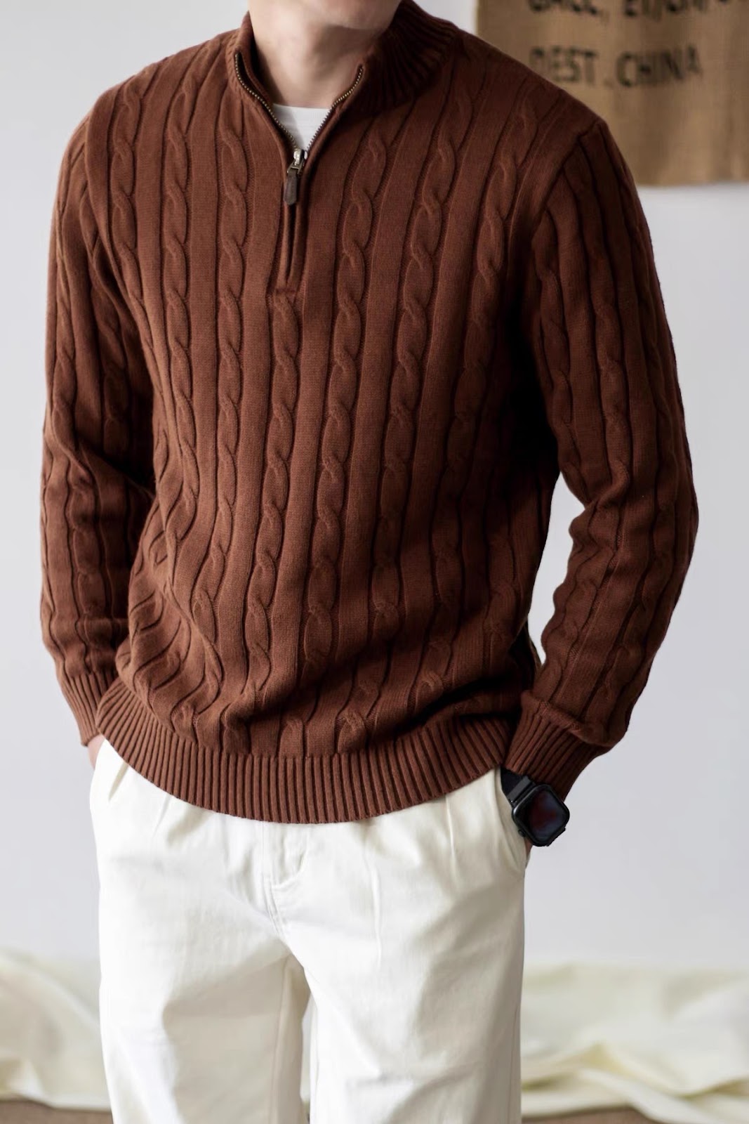 Men's Knit Sweater, Stand Collar with Zipper, Cable Pattern