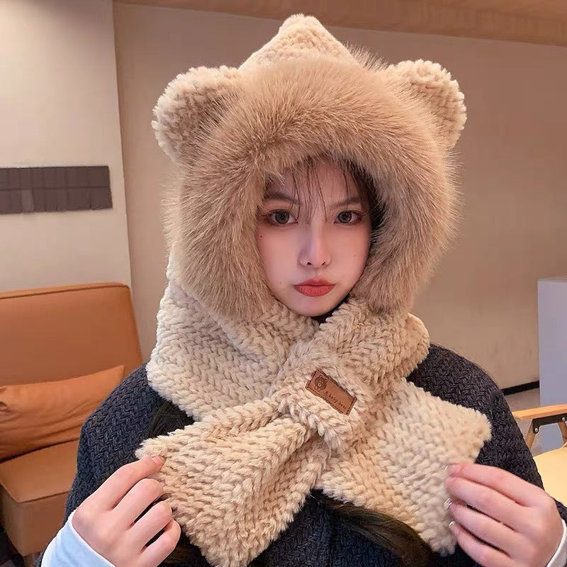 Fluffy Bear Set: Hat with Ear Protection and Scarf