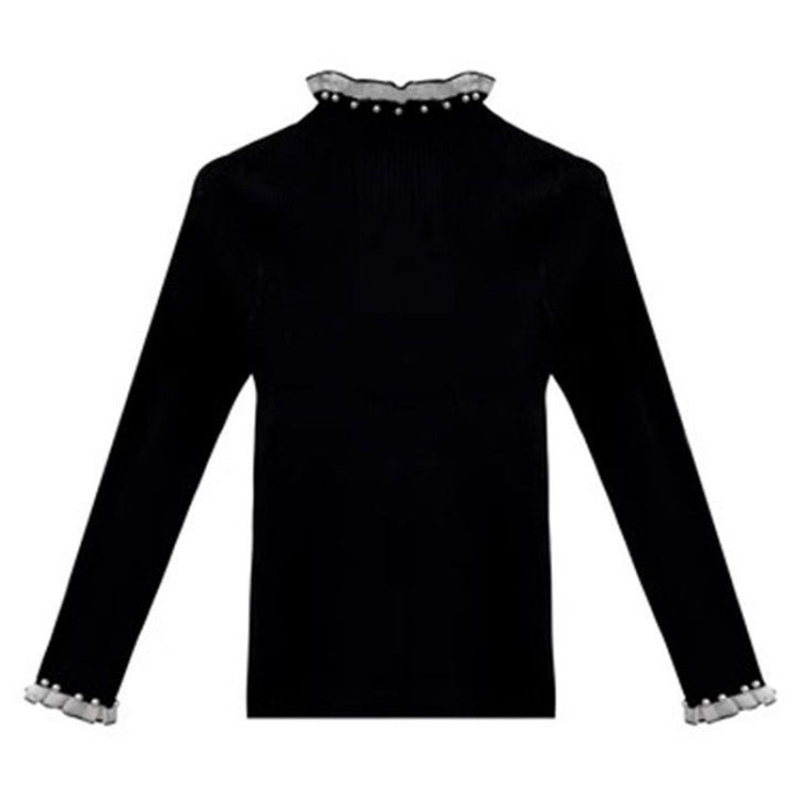 Ladies' knitted sweater with stand-up collar, lace and pearls