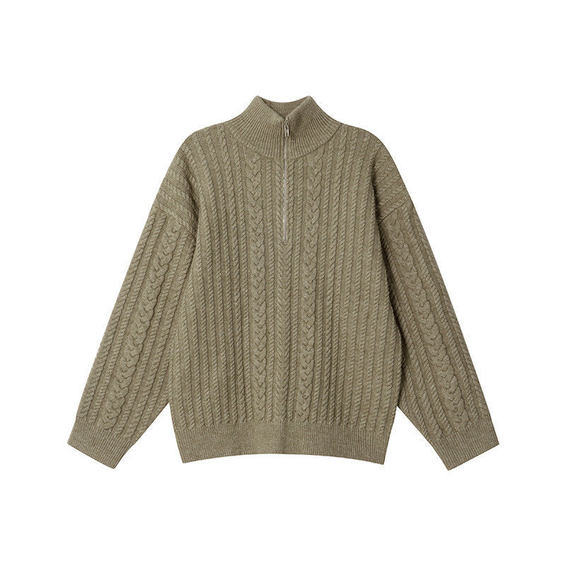 Women's knit pullover with zipper and rib pattern