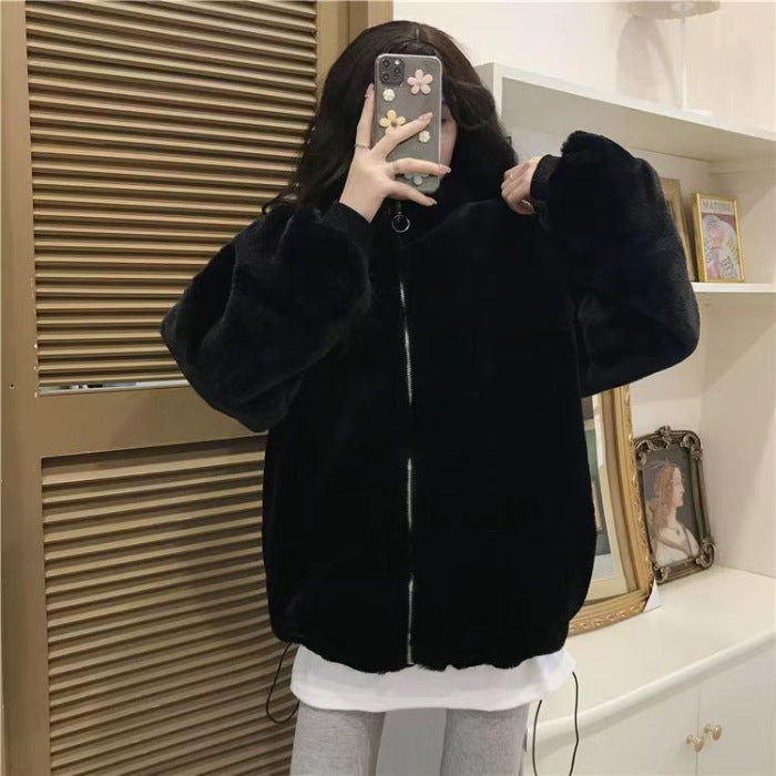Casual lambskin imitation jacket with stand-up collar