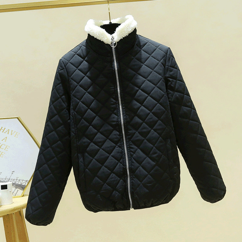 Light women's padded jacket with lambskin look and stand-up collar