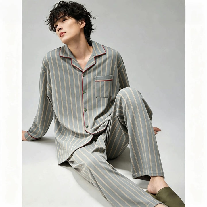 Men's cotton pajama set, long sleeve, with button placket