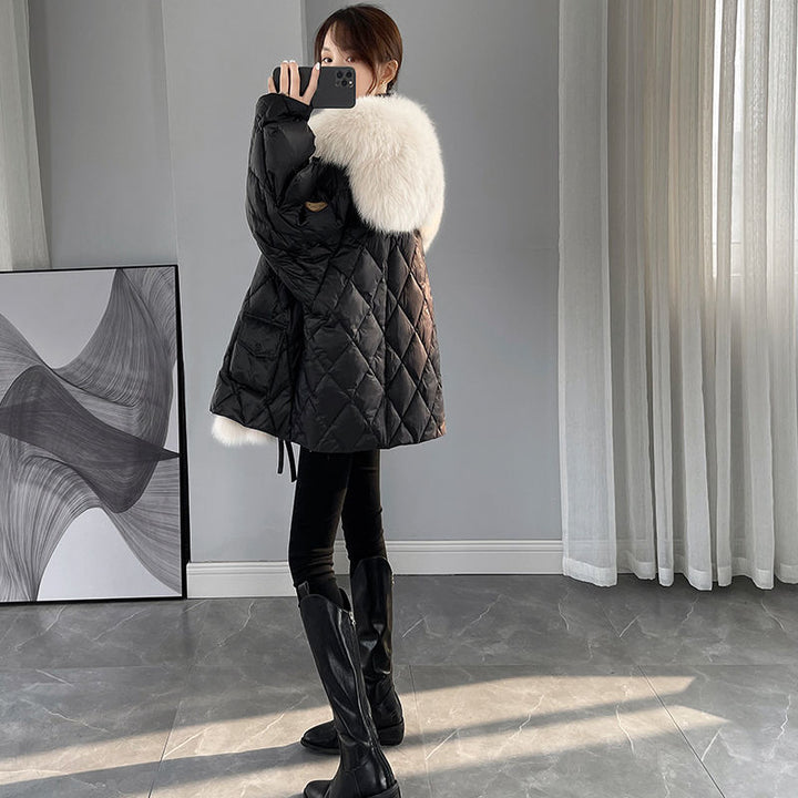 Mid-length faux fur coat with sailor collar