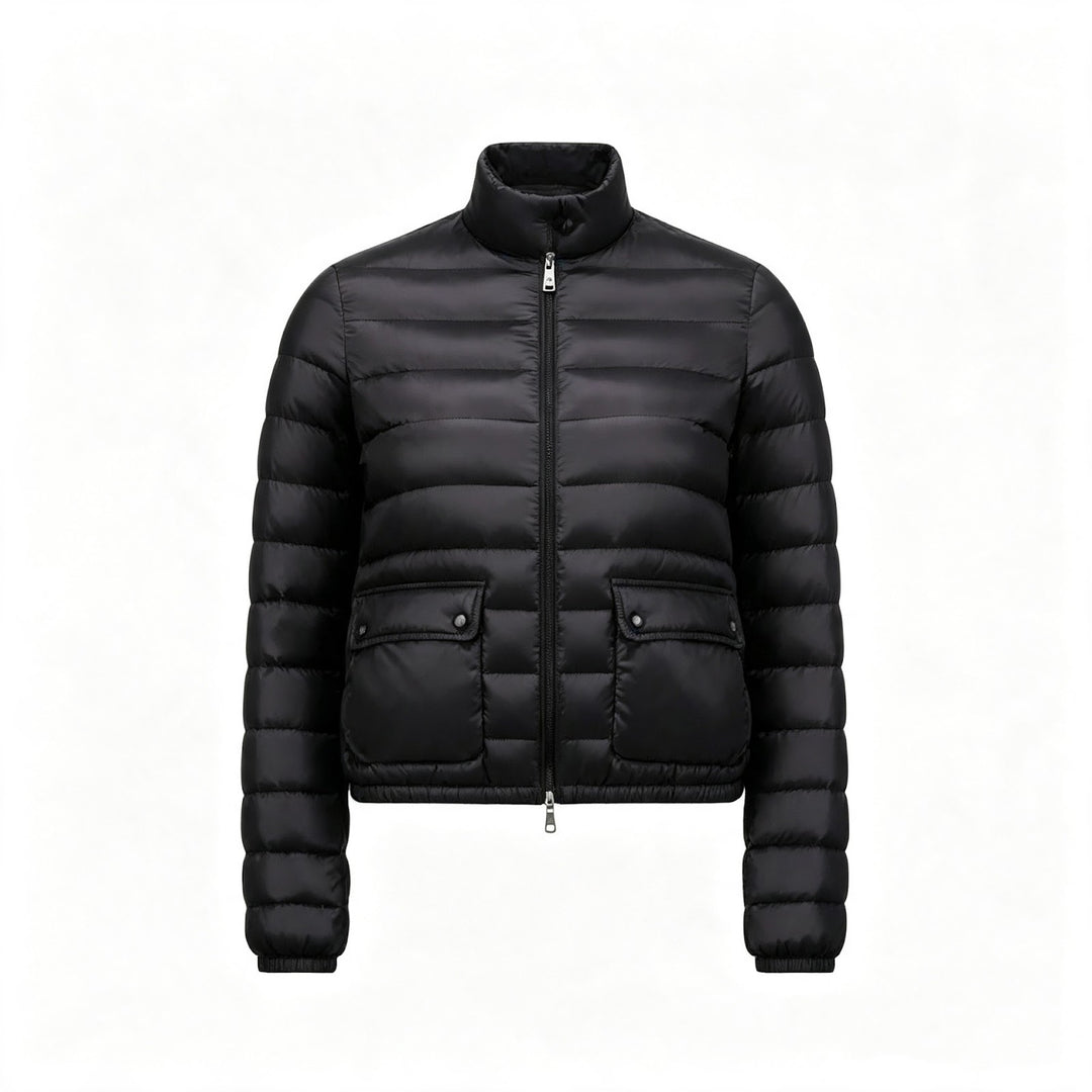 Light women's down jacket, stand-up collar, white goose down