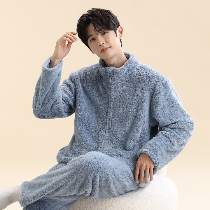 Men's pajama set made of coral fleece, lined, with zipper