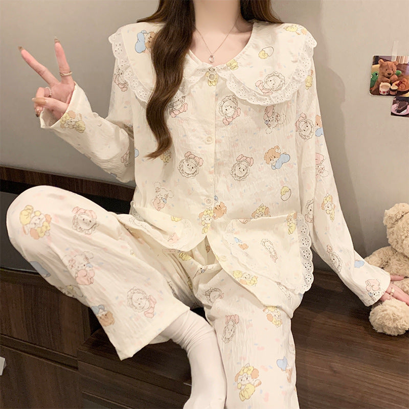 Women's pajamas, long, with lace collar