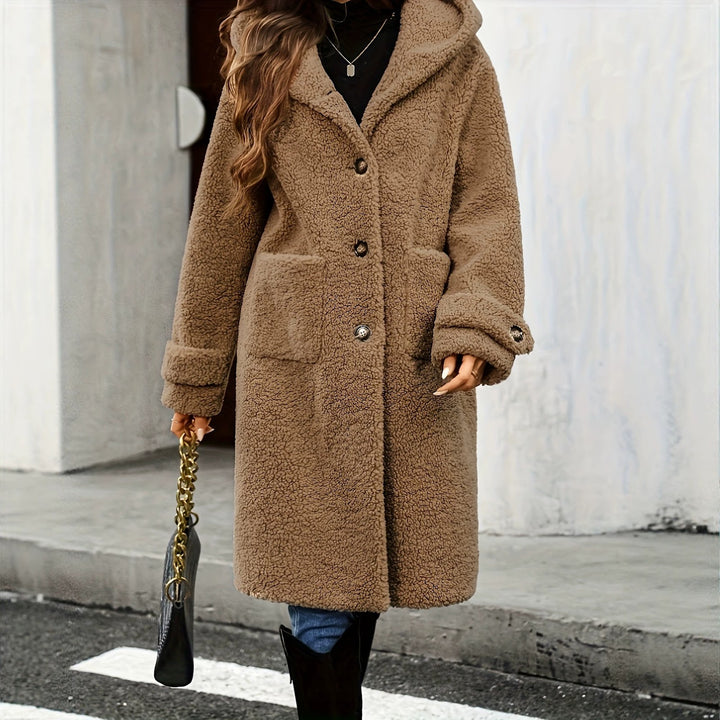 Teddy coat with hood, mid-length, women's