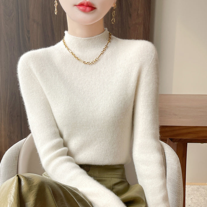 Women's knitted pullover with stand-up collar, fitted