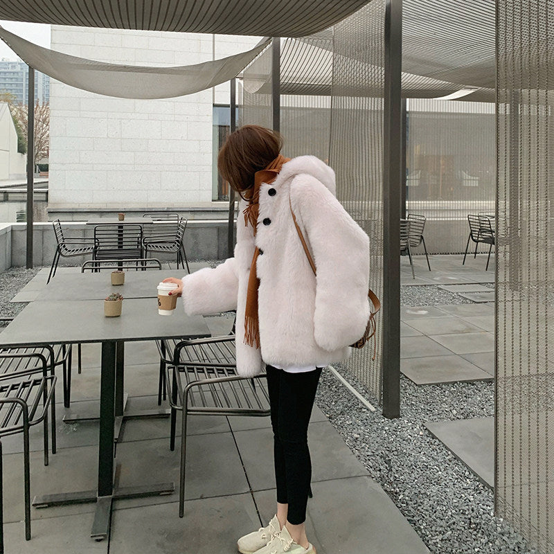Women's lamb fleece coat with hood, mid-length