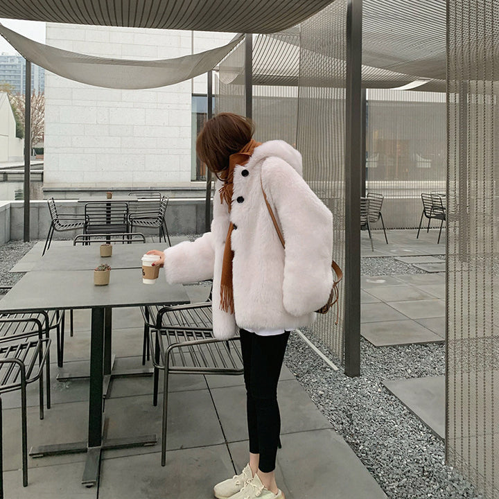 Women's lamb fleece coat with hood, mid-length